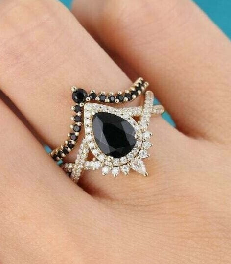 2.60Ct Black Pear Cut Halo Ring Set | Anniversary Gift Ring Set | Women Jewelry