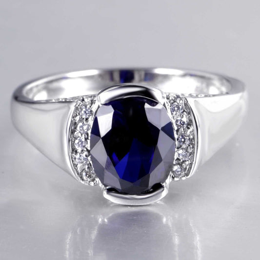 2.85Ct Blue Oval Cut Half Bezel Ring | Statement Ring | Surprise Gift For Women