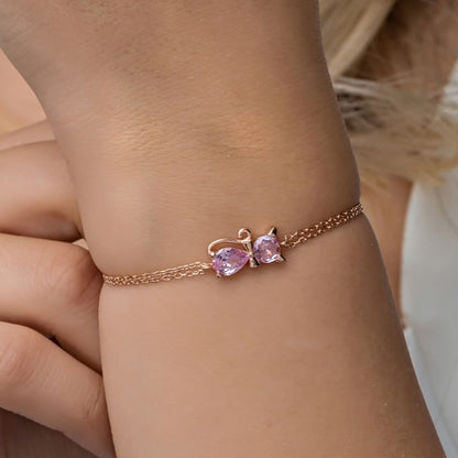 Cat Shape Pink Round And Pear Brilliant Cut Signity Diamond Solitaire Bracelet For Girl | Cable Chain Bracelet For Her | Everyday Wear Jewelry