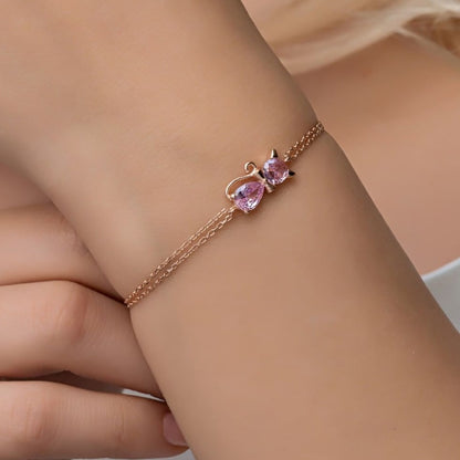 Cat Shape Pink Round And Pear Brilliant Cut Signity Diamond Solitaire Bracelet For Girl | Cable Chain Bracelet For Her | Everyday Wear Jewelry