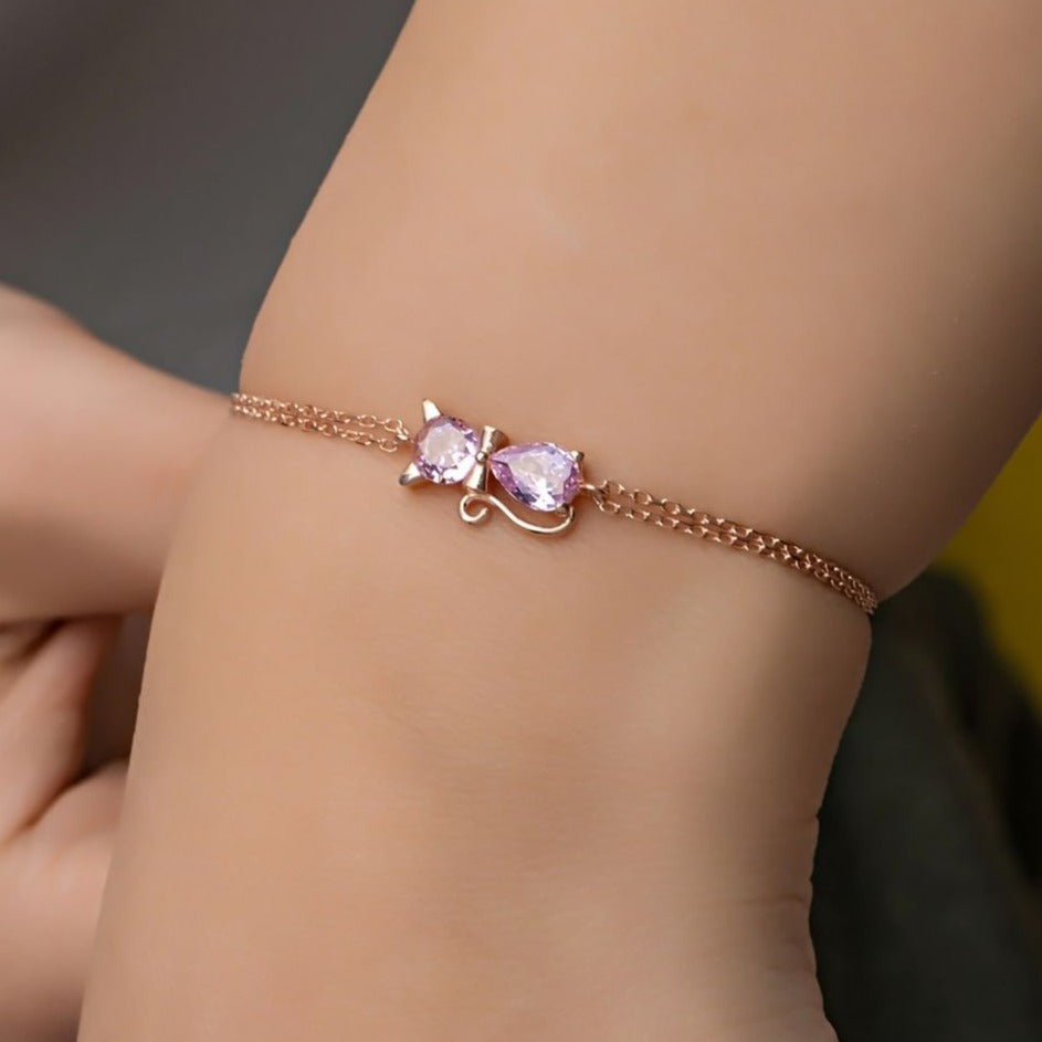 Cat Shape Pink Round And Pear Brilliant Cut Signity Diamond Solitaire Bracelet For Girl | Cable Chain Bracelet For Her | Everyday Wear Jewelry