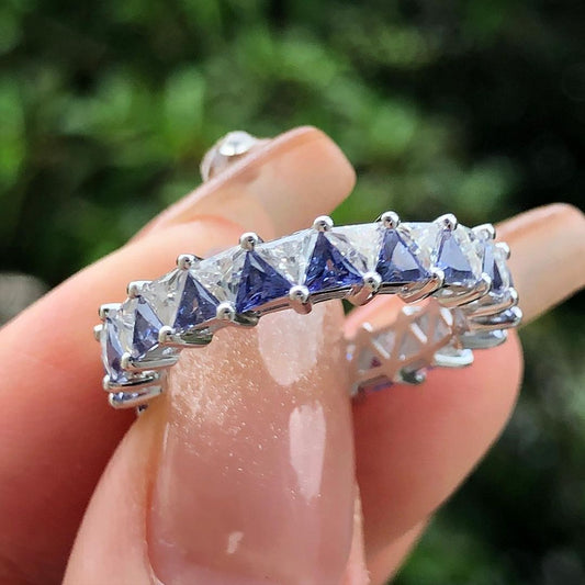 3.20Ct White And Blue Triangle Cut Full Eternity Band Ring | Engagement Band Ring | Fashion Jewelry