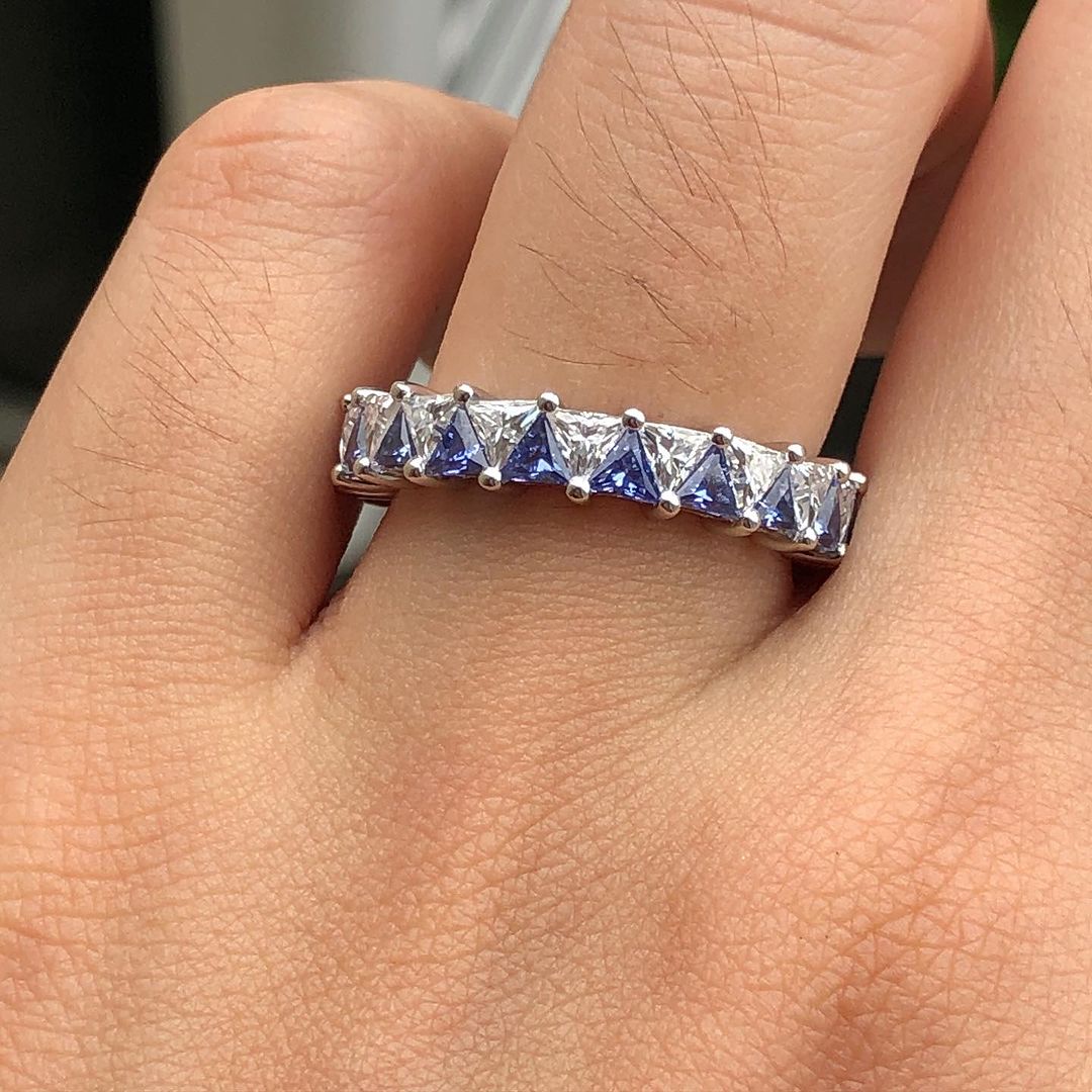 3.20Ct White And Blue Triangle Cut Full Eternity Band Ring | Engagement Band Ring | Fashion Jewelry