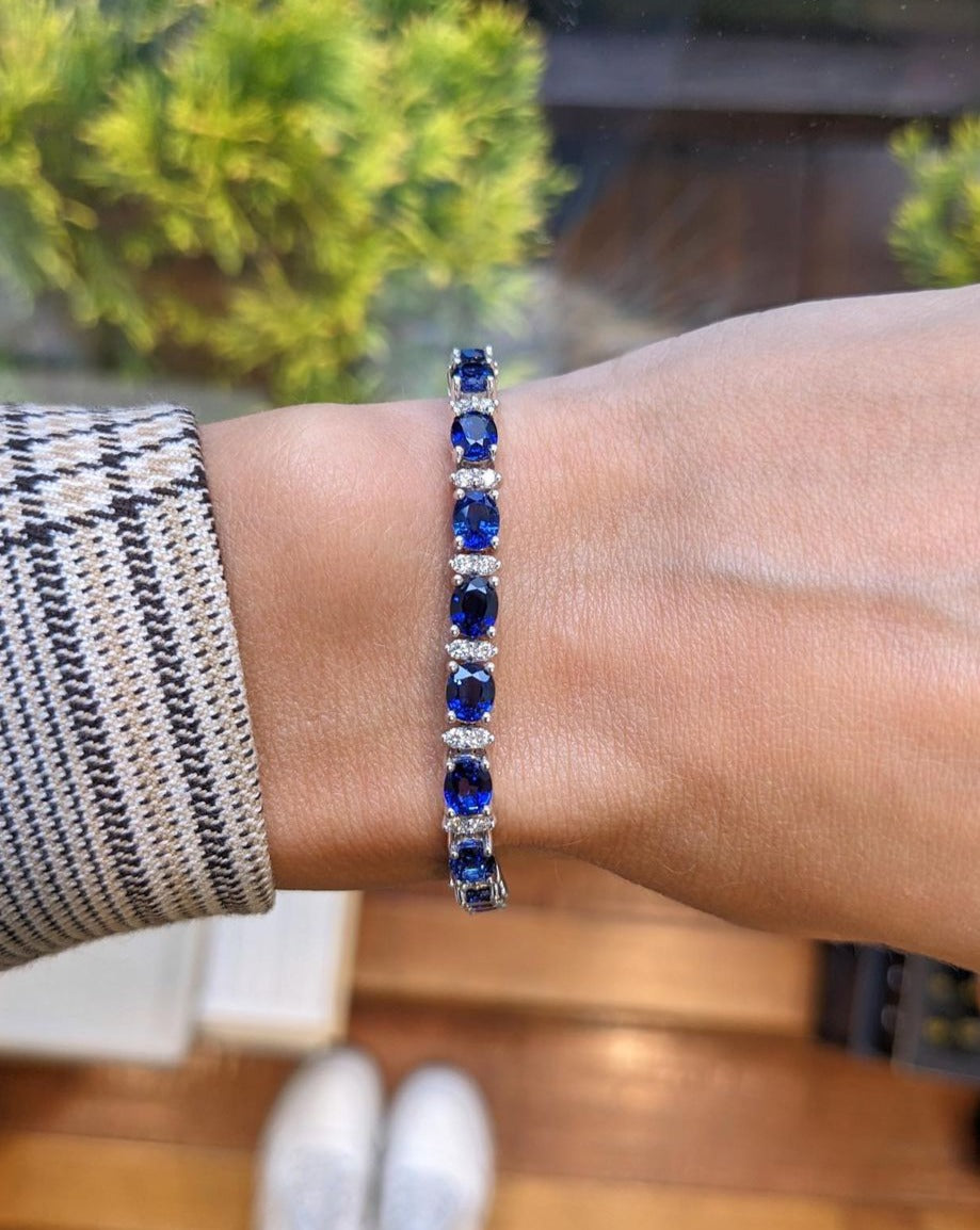 Blue Oval And White Round Brilliant Cut Signity Diamond Prong Set Tennis Bracelet | Party Wear Tennis Bracelet For Her | Designer Bracelet For Women