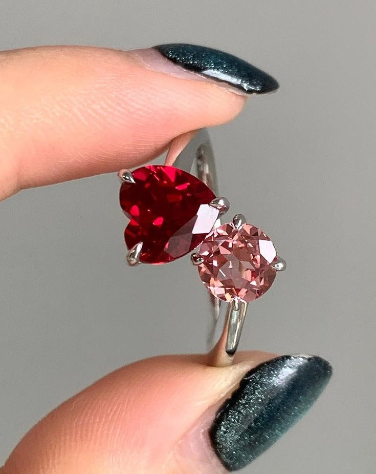 2.88Ct Red Heart And Light Pink Round Cut Two Stone Ring | Toi Et Moi Ring | Engagement Ring For Fiancée