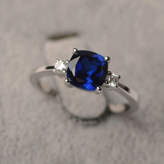 2.8Ct Blue Cushion Cut Three Stone Ring | Bridal Ring | Statement Ring | Timeless Design