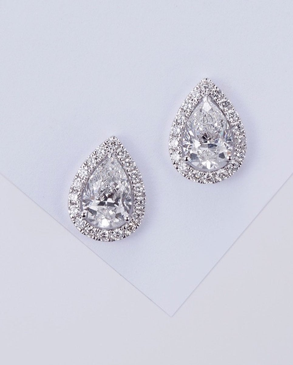 White Pear Cut Cubic Zirconia Halo Stud Earrings | Bridesmaid Gift Earring | Unique Design Earring For Women