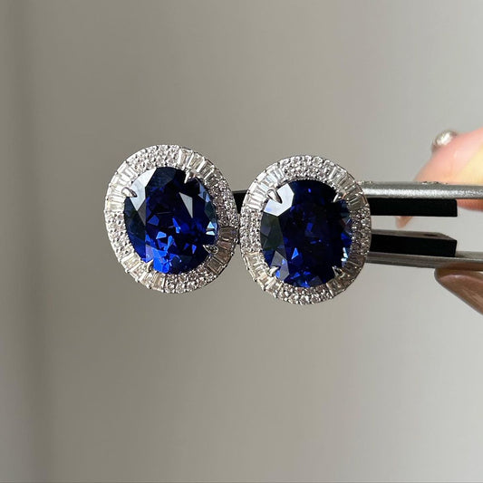 Blue Oval Cut Cubic Zirconia Halo Stud Earring | Butterfly Push Back And Designer Earring For Women | Stylish Engagement Gift Earring For Love | Bride To Be