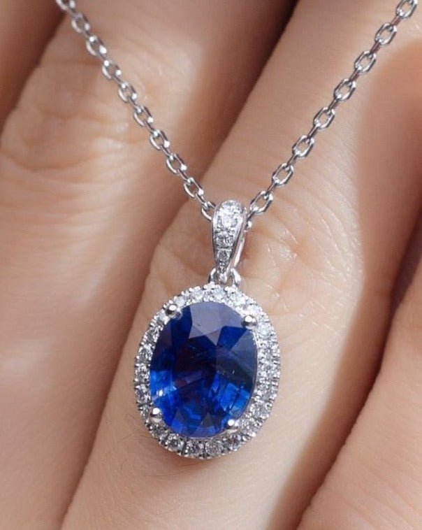 3.10Ct Blue Oval Cut Halo Ring | Wedding Pendant For Bridal | Special Occasion pendant | Fashion Jewelry