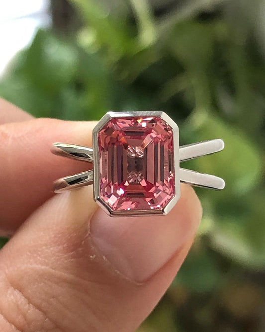 3.10Ct Pink Emerald Cut Bezel Ring | Party Wear Ring | Delicate Solo Diamond Ring