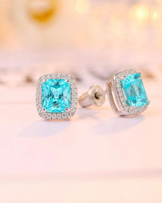 Aquamarine Cushion Cut Cubic Zirconia Halo Stud Earring For Women | Basket Set And Push Back Stud Earring | Bridal Engagement Gift Earring