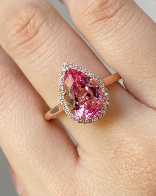 2.98Ct Pink Pear Cut Halo Ring | Engagement Ring For Fiancée | Surprise Gift Ring For Women