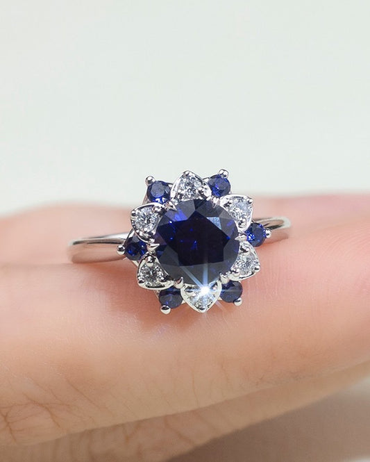 2.2Ct Blue Round Cut Halo Ring | Party Wear Ring | Occasion Ring | Gift For Women