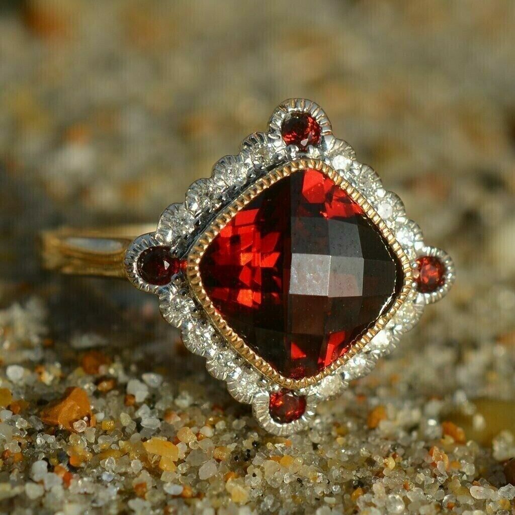 3.50Ct Red Cushion Cut Bezel With Halo Ring | Party Wear Ring For Women | Bridal Jewelry