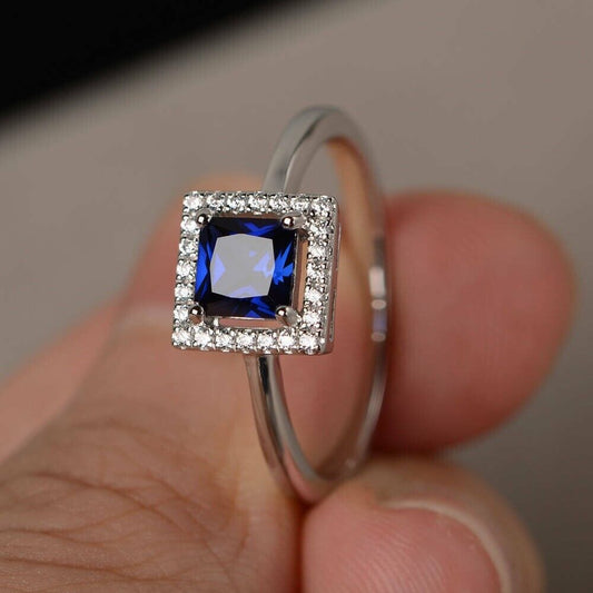 2.4Ct Blue Princess Cut Halo Ring | Anniversary Gift | Ring For Wife | Women’s Gift