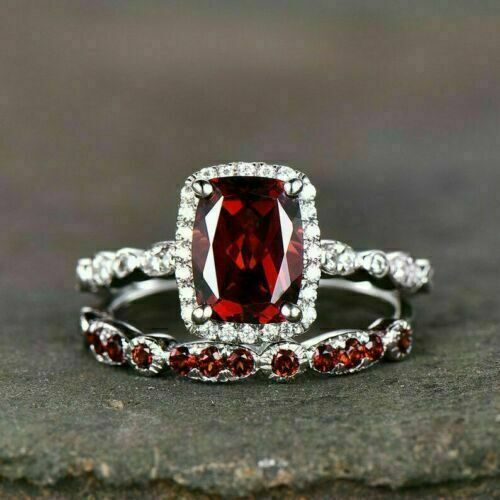 3.10Ct Red Cushion Cut Halo Ring Set | Wedding Ring Set For Bridal | Minimalist Ring Set