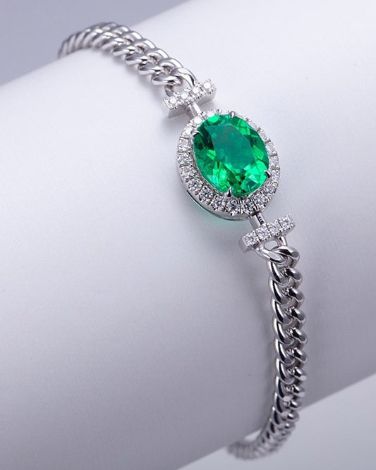 Green Oval Brilliant Cut Signity Diamond Halo Bracelet | Cuban Chain Bracelet For Women | Birthday Gift Bracelet For Mother