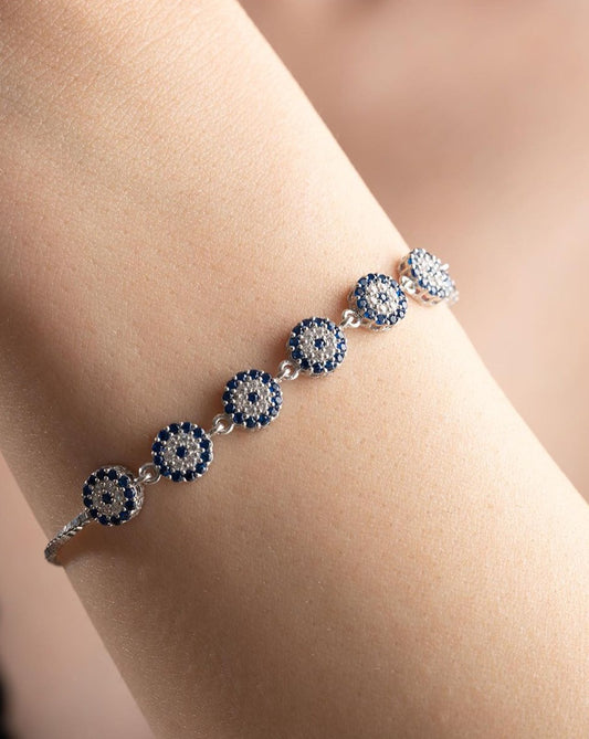 Blue And White Round Brilliant Cut Signity Diamond Cluster Bracelet For Women | Adjustable Bracelet For Her | Everyday Wear Jewelry