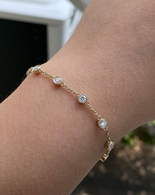 White Round Brilliant Cut Signity Diamond Bezel Set Bracelet For Women | Diamond Yard Bracelet | Thin Chain Bracelet For Her