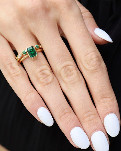 2.5Ct Green Emerald Cut Bezel Ring Set | Bridal Ring Set | Double Band Ring | Fancy Ring Set