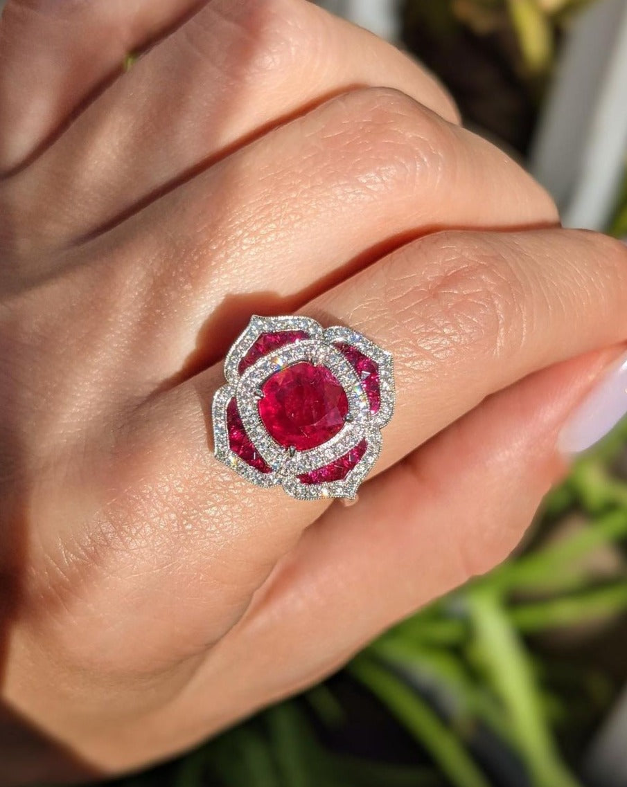 2.8CT Red Cushion Cut Halo Ring | Party Wear Ring For Women | Custom Jewelry | Surprise Gift