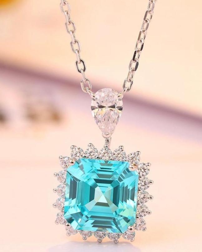 3.10Ct Aquamarine Color Asscher Cut Halo Pendant | Anniversary Gift Pendant For Wife | Stunning Pendant For Women | Designer Jewelry Piece