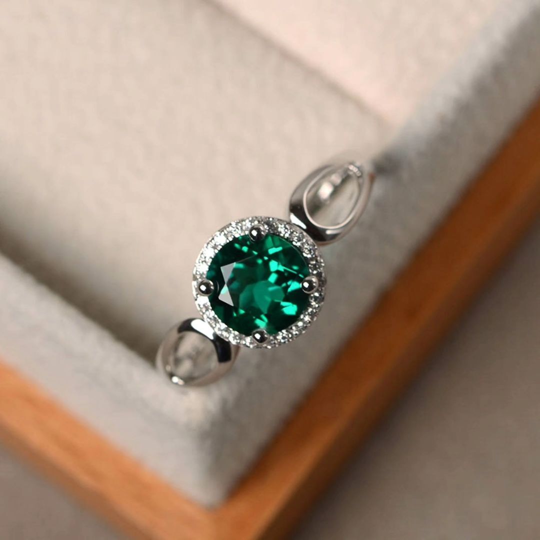 2.4Ct Green Round Cut Halo And Split Shank Ring | Proposal Ring For Girlfriend | Statement Ring For Her | Glamorous Ring