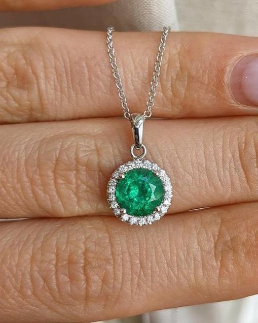 2.77Ct Green Round Cut Halo Pendant | Birthday Gift pendant For Women | Jewelry Collection | Timeless Design