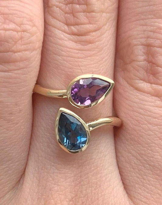 2.80Ct Blue And Purple Pear Cut Bezel With Two Stone Ring | Toi Et Moi Ring | Jewelry Collection