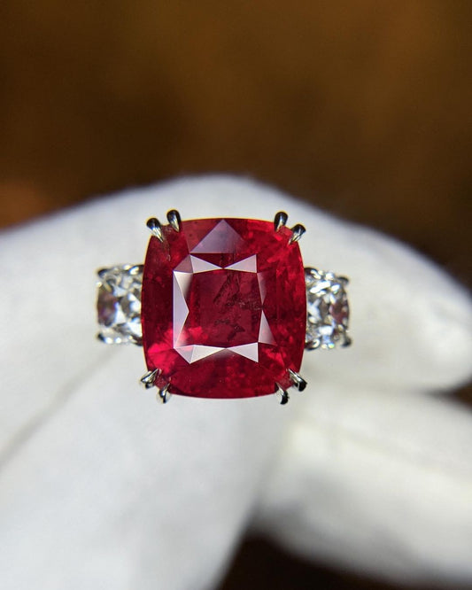 3.2CT Red Cushion Cut Three Stone Ring | Wedding Ring For Bridal | Luxury Jewelry | Delicate Ring