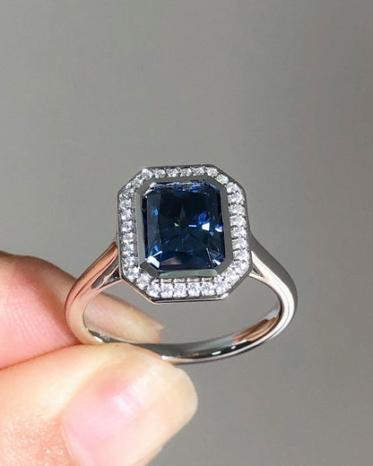 2.6Ct Blue Radiant Cut Halo Ring | Party Wear Ring | Women's Day Gift Ring | Gift For Women