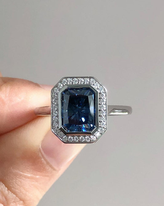 2.95Ct Blue Emerald Cut Bezel Ring | Anniversary Gift Ring | Surprise Gift Ring For Women