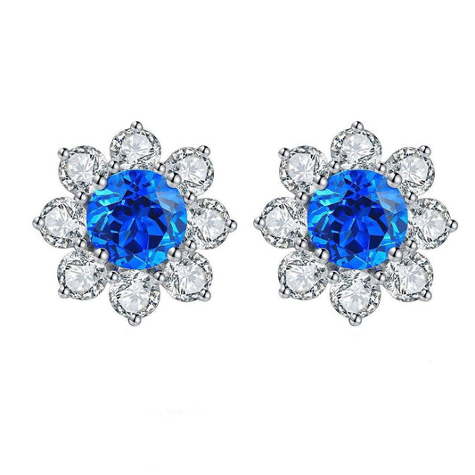 Blue Round Cut Cubic Zirconia Solitaire With Cluster Stud Earring | Party Wear Earring For Women | Bridal Wedding Gift Earring | Celestial Earring For Her