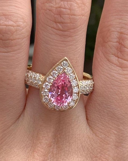 2.77Ct Pink Pear Cut Halo Ring | Designer Ring For Women | Modern Bridal Ring