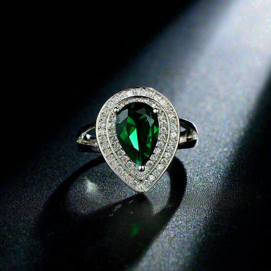 3.10Ct Green Pear Cut Double Halo Ring | Party Wear Ring | Special Occasion For Her