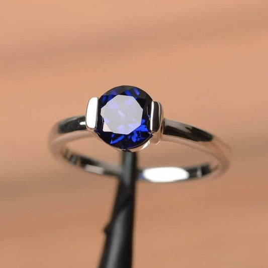 2.6Ct Blue Round Cut Bar Set Ring | Proposal Ring For Fiancee | Delicate Solo Diamond Ring | Everyday Jewelry