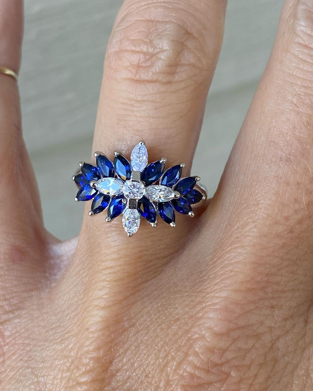 1.2CT White Round And Blue Marquise Cut Cluster Ring | Glamorous Ring | Awesome Ring | Timeless Design