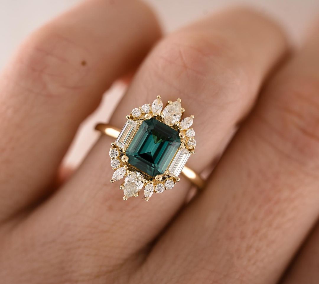 2.88Ct Green Blue Emerald Cut Moissanite Halo Ring | Party Wear Ring | Designer Ring | Modern Bride Ring