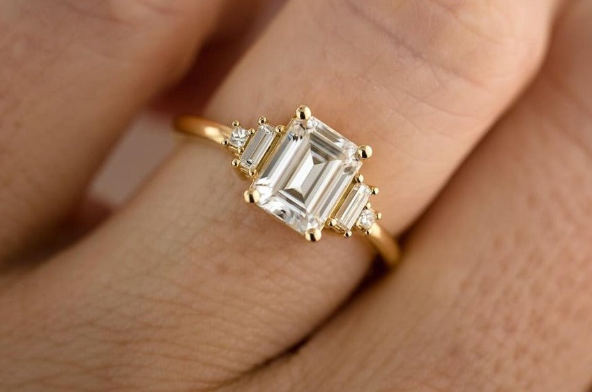 2.8Ct White Emerald Cut Solitaire And Five Stone Ring | Birthstone Bridal Ring | Stacking Ring | Customize Ring