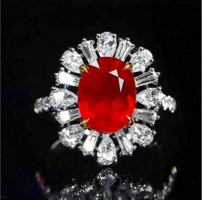 3.30Ct Red Oval Cut Halo Ring | Party Wear Ring For Women | Luxury Jewelry