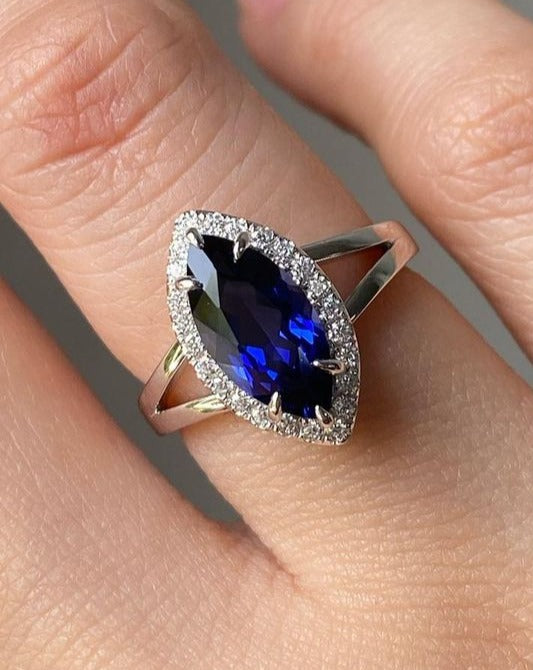 2.80Ct Blue Marquise Cut Halo Ring | Anniversary Gift Ring | Jewelry Collection For Women