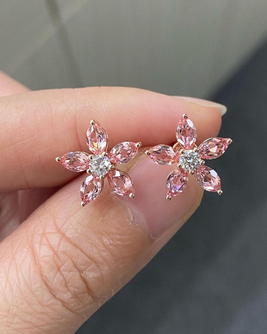 Flower Shape White Round And Pink Marquise Cut Cubic Zirconia Prong Set Earrings For Her | Designer Jewelry Piece For Women | Bride To Be Earring