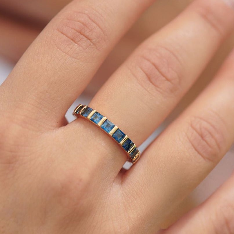 1.5Ct Blue Asscher Cut Bar And Full Eternity Band Ring | Engagement Proposal Band Ring | Forever One Band Ring | Unique Band Ring