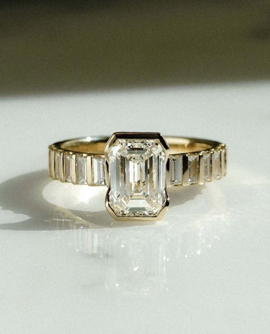 2.8Ct White Emerald Cut Half Bezel Ring | Engagement Ring For Fiancee | Proposal Ring | Trendy Ring