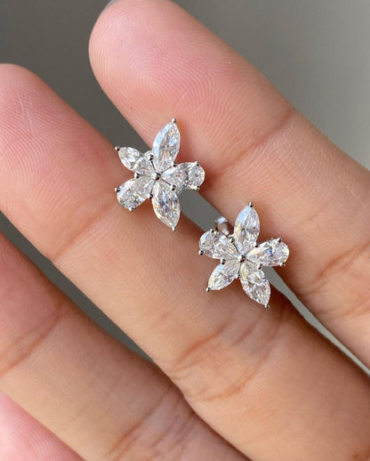 Flower Shape White Marquise And Pear Cut Cubic Zirconia Cluster Stud Earring | Engagement Bride Gift Earring | Luxury Jewelry For Her | Push Back Earring For Women