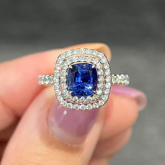 3.2Ct Blue Cushion Cut Double Halo Ring | Beautiful Ring For Women | Modern Bridal Ring | Fancy Ring