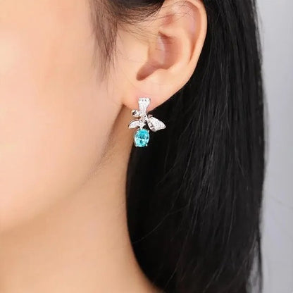 Aquamarine Oval Cut Cubic Zirconia Solitaire Drop Earrings For Women | Perfect Occasion Gift Earring For Her | Bow Shape And Designer Earring