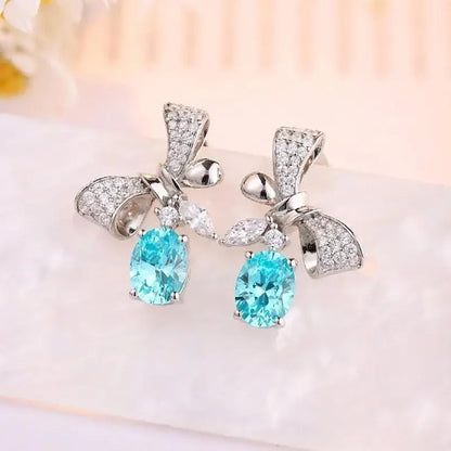 Aquamarine Oval Cut Cubic Zirconia Solitaire Drop Earrings For Women | Perfect Occasion Gift Earring For Her | Bow Shape And Designer Earring