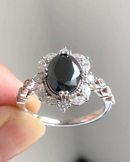 2.8Ct Black Oval Cut Halo Ring | Anniversary Ring For Wife | Gift For Her | Party Wear Ring