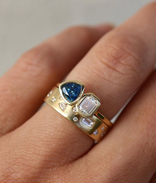 2.5Ct Blue Trillion And White Emerald Cut Bezel And Two Stone Ring Set | Anniversary Gift Ring Set For Wife | Double Band Ring Set | Thank You Gift